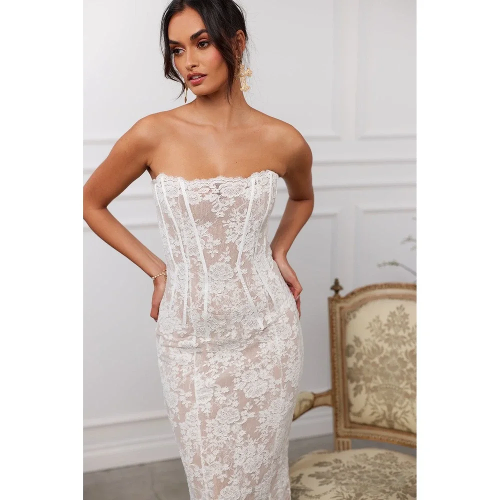 V. Chapman Capulet Midi Dress White Chantilly Lace Corset Bridal Wedding Size 6 - Picture 4 of 11